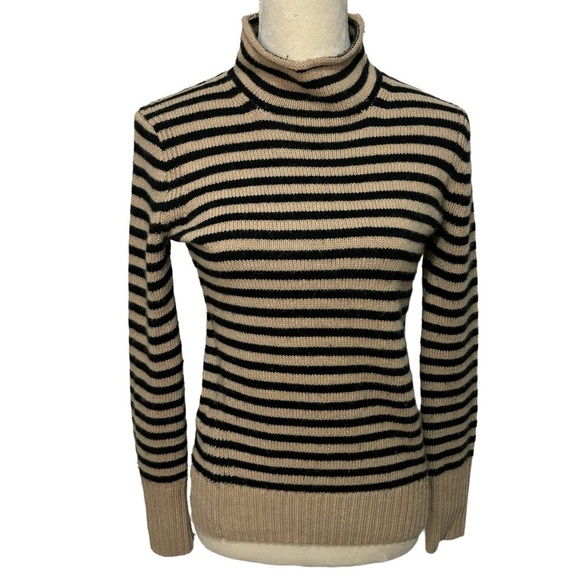 J.Crew Cashmere Wool Black and Tan Striped Long Sleeve Mock Neck Sweater XXS - Picture 2 of 12